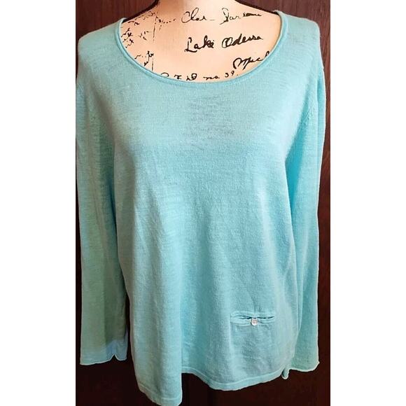 J Jill Sweater Womens Large Turquoise Blue Scoop Neck Linen Cotton Pullover Top - Picture 1 of 6